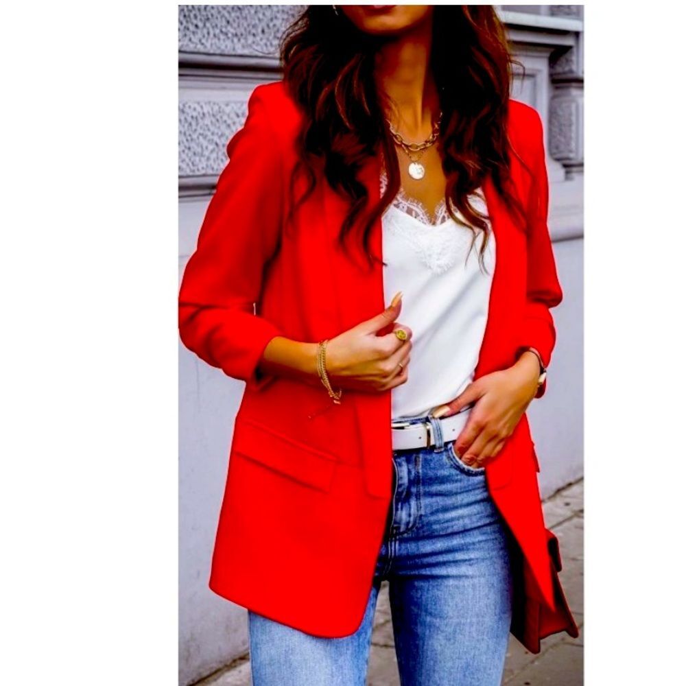 H&M Women Blazer Jacket Long Stretch Small Oversized Orange Red Work Casual